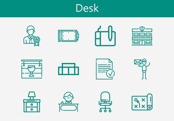 Premium set of desk line icons. Simple desk icon pack. Stroke vector illustration on a white background. Modern outline style icons collection of Sofa, Graphic designer, Receptionist