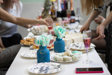 Food on the table at the party. Variety of food. Holiday concept