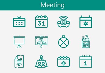 Premium set of meeting line icons. Simple meeting icon pack. Stroke vector illustration on a white background. Modern outline style icons collection of Projector, Canteen, Projector screen, Meeting