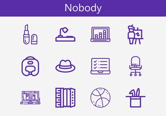 Premium set of nobody line icons. Simple nobody icon pack. Stroke vector illustration on a white background. Modern outline style icons collection of Laptop, Desk lamp, Easel, Accordion, Boxing helmet