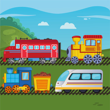 A Set Of Cartoon Train Vector Illustrations.