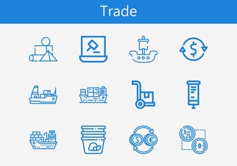 Premium set of trade line icons. Simple trade icon pack. Stroke vector illustration on a white background. Modern outline style icons collection of Cargo ship, Cargo, Roll up