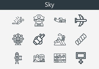 Fototapeta premium Premium set of sky line icons. Simple sky icon pack. Stroke vector illustration on a white background. Modern outline style icons collection of Mountains, Skydiving, Airplane, Golf, Hill