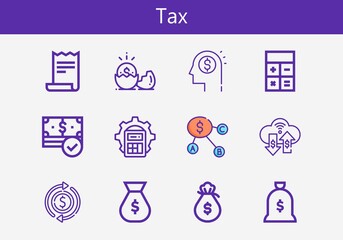 Premium set of tax line icons. Simple tax icon pack. Stroke vector illustration on a white background. Modern outline style icons collection of Money, Receipt, Dollar, Calculator, Money bag