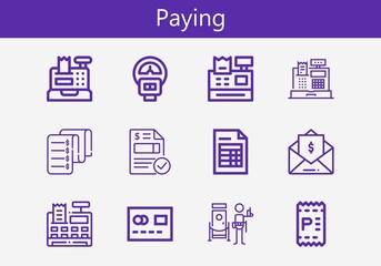 Premium set of paying line icons. Simple paying icon pack. Stroke vector illustration on a white background. Modern outline style icons collection of Invoice, Cash register, Parking meter, Doorman