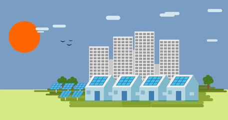 Obraz premium Solar Panel City House Building Renewable Energy green ecology home power with panels energy illustration in flat style new world environment modern design