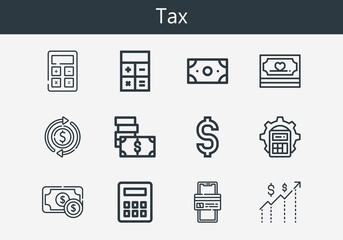 Premium set of tax line icons. Simple tax icon pack. Stroke vector illustration on a white background. Modern outline style icons collection of Money, Online payment, Dollar