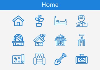 Premium set of home line icons. Simple home icon pack. Stroke vector illustration on a white background. Modern outline style icons collection of Bed, Plant, Shovel, Barn, Chair, Delivery man, House