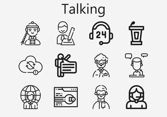 Premium set of talking [S] icons. Simple talking icon pack. Stroke vector illustration on a white background. Modern outline style icons collection of Call center, Support, Speech, Man