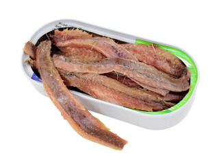 Tinned anchovy fish fillets isolated on a white background