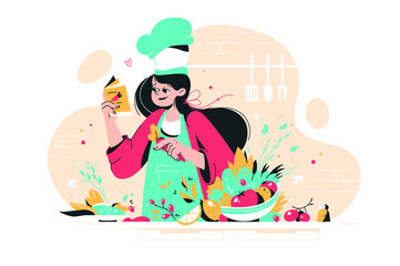 Smiling woman cooking on kitchen table set vector flat illustration. Colorful person meal preparation