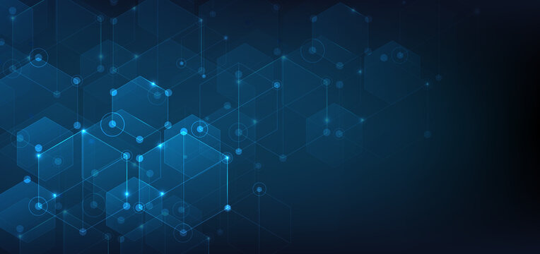 Abstract hexagon and square technology and business communications on dark blue background.