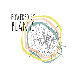 Minimalist boho illustration of quote powered by plants with black line art potted house plant peace lily and abstract shapes background. Stock vector.
