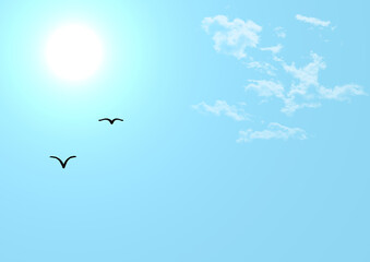 Illustration of the sun and clouds, hand-drawn two lines that look like birds. The picture was deliberately made to be imperfect.