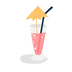 Pink lemonade cocktail with straw and umbrella. Summer vacation in paradise. Resort concept. Vector illustration in modern flat style