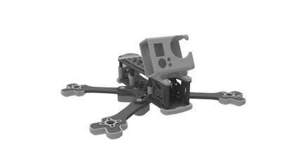 3D rendering of a race drone cinematic footage tool computer model on white background.