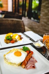 Full American Breakfast Huge healthy breakfast spread on a table with coffee Breakfast served with coffee English breakfast fried egg