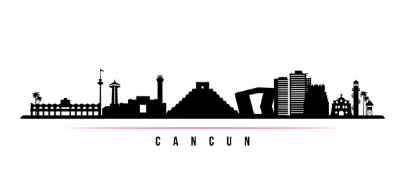 Cancun skyline horizontal banner. Black and white silhouette of Cancun, Mexico. Vector template for your design. - obrazy, fototapety, plakaty