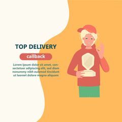 Happy courier with award. Premium courier delivery service. Winner Speed Trophy, fast delivery and best quality delivery concept. Flat vector illustration.