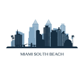Obraz na płótnie Canvas Miami South Beach skyline, monochrome silhouette. Vector illustration.