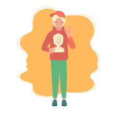 Happy courier with award. Premium courier delivery service. Winner Speed Trophy, fast delivery and best quality delivery concept. Flat vector illustration.