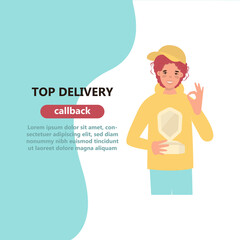 Happy courier with award. Premium courier delivery service. Winner Speed Trophy, fast delivery and best quality delivery concept. Flat vector illustration.