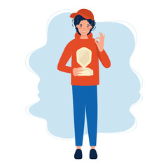 Happy courier with award. Premium courier delivery service. Winner Speed Trophy, fast delivery and best quality delivery concept. Flat vector illustration.