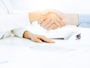 Obraz na płótnie Canvas Casual dressed businessman and woman shaking hands after contract signing in sunny office. Handshake concept