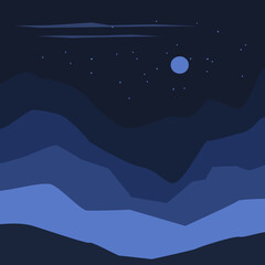 abstact wavy shapes mountain and hills night landscape, vector illustration scenery in blue color palette