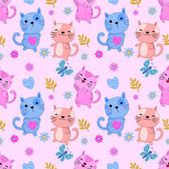 Cute cat play with butterfly in flowers garden pattern.