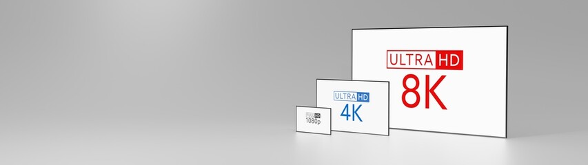 3D illustration concept 8K tv size comparison with 4k tv and fullHD tv