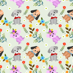 Cute dog with flowers seamless pattern.