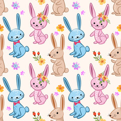 Cute rabbit with flowers seamless pattern.