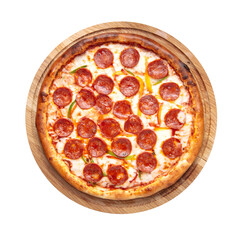 Isolated italian fresh pepperoni pizza with salami on the wooden board
