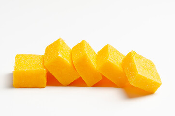 mango jelly candies on white background. Fruit candies.