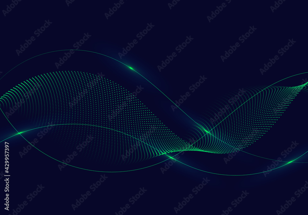 Canvas Prints abstract green wavy lines with dots particles and lighting on dark blue background.