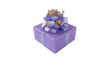 Purple gift box with ribbon bow and mimosa flowers isolated on white.