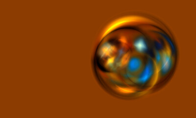 Multicolored glossy defocused 3d sphere with blue red orange yellow stains floating on mustard background. Magic fairy ball with colorful lights inside. Glowing blot great as abstract blank or element