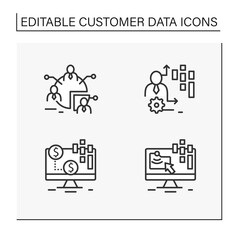 Customer data platform line icons set. Audience segments, transactional data, behavioral date. Customer data concepts. Isolated vector illustrations.Editable stroke