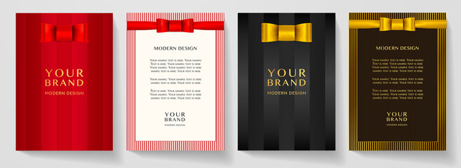 Luxury cover, frame design set in red, black color. Gold, red bow on elegant stripe pattern background. Holiday premium vector collection for rich brochure, luxe invite, royal wedding, menu template