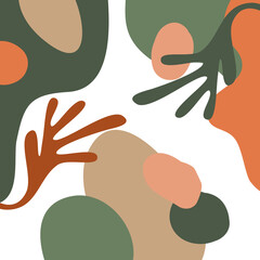 abstract artistic background with different shapes and floral foliage and plants elements in earthy color palette