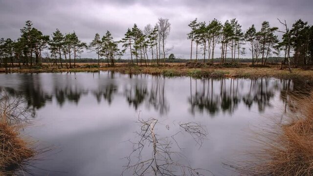 Time Lapse of Pietzmoor, Lüneburger Heide (Lower Saxony, Germany) with Reflection and Dramatic Clouds
