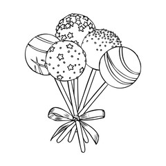 Sweet cake pops on stick with sprinkles isolated on white background. Hand drawn vector illustrations of cake pops in engraving style.