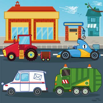 A Set Of Cartoon Vehicle Vector Illustrations. Tractor, race car, post car, garbage truck.