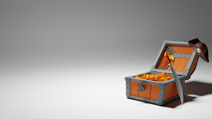 Pirate Wooden Chest with Lock and Key, Golden Coins, Sabre and Triangle Hat. Rendering from 3D.