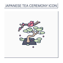 Garden color icon. Traditional gardens accompanied by Japanese aesthetics. Bonsai tree. Natural landscape.Japanese culture concept.Isolated vector illustration