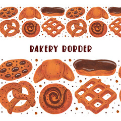 Bakery seamless border. Boulangerie set of elements, clipart. Pretzel, croissant, bagel, roll, eclair, waffle, cookies.  Watercolor food.