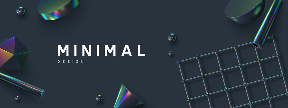 3d render primitives abstract background. Realistic 3d sphere, atom array grid, cone, tube. Glossy holographic geometric shapes. Iridescent trendy design, thin film effect. Vector.