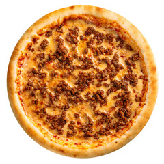 Isolated fresh baked minced meat pizza on the white background