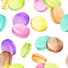 Seamless pattern with french macaroons. Hand drawn vector illustration in watercolour on white background. Sweet colorful dessert